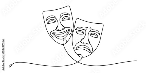 Continuous line drawing of comedy and tragedy theater masks representing drama and acting