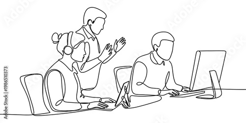 Continuous line drawing of a professional team working together at computers in a modern office.