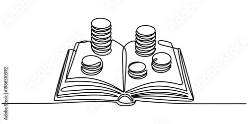 Canvastavla Continuous line art of an open book with stacks of coins representing financial knowledge