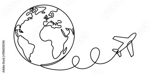 Continuous line drawing of an airplane flying around the globe on a white background
