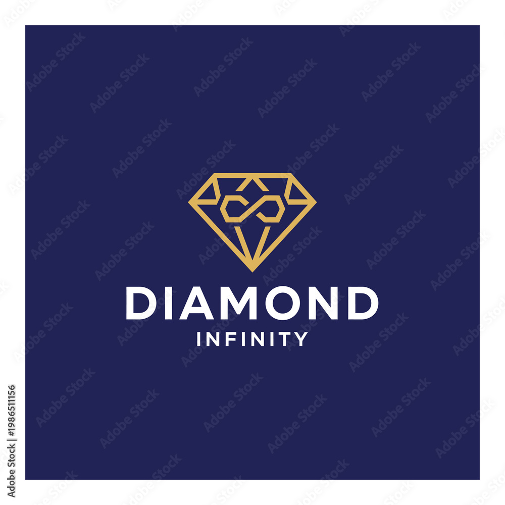 Fototapeta premium Diamond infinity logo with golden diamond and white text on blue square icon