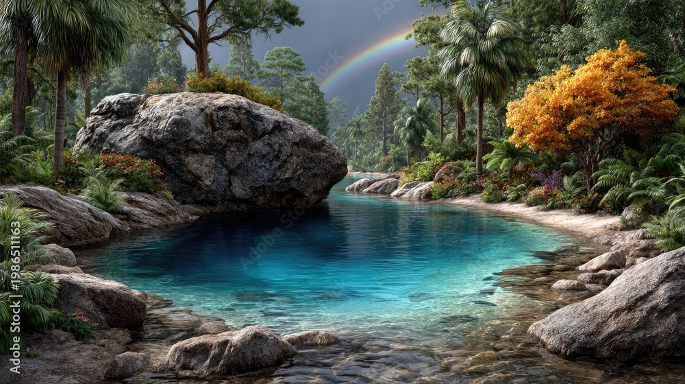 Fototapeta premium Lush tropical rainforest with a clear blue stream and rainbow.