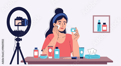 Young female beauty influencer applying skincare product while filming a tutorial video with professional camera and ring light setup.