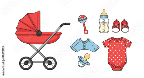 Red baby stroller surrounded by essential nursery items including a rattle, bottle, shoes, pacifier, and clothing for infant care.