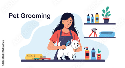 Female pet groomer wearing an apron carefully brushing a small white dog in a professional salon with grooming supplies on shelves.