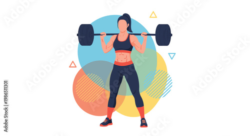 Determined athletic woman lifting a heavy barbell in a squat position against a colorful abstract geometric background for fitness.