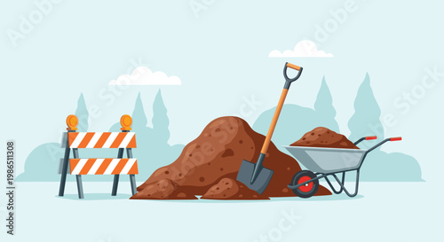 Outdoor construction scene featuring a large pile of dirt, a wheelbarrow, a shovel, and safety barriers for civil engineering themes.