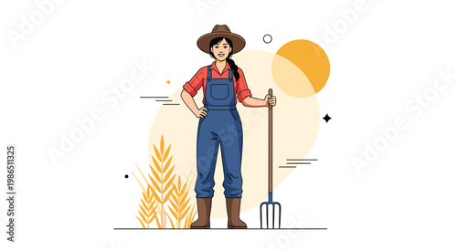 Smiling female farmer wearing overalls and a hat holding a pitchfork in front of wheat stalks and a sun for agriculture themes.