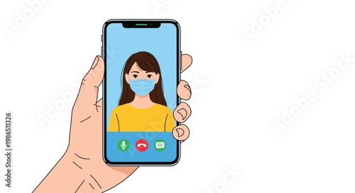Hand holding a smartphone displaying a video call from a woman wearing a blue surgical mask for telehealth or safety communication.