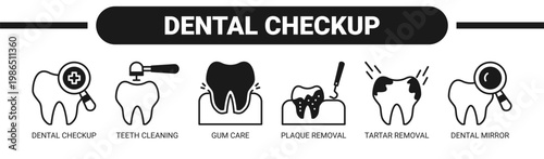 Dental Checkup web banner icon vector illustration concept with icons of dental checkup, teeth cleaning, gum care, plaque removal, tartar removal, and dental mirror. 