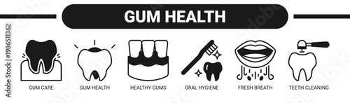 Gum Health web banner icon vector illustration concept with icons of gum care, gum health, healthy gums, oral hygiene, fresh breath, and teeth cleaning. 