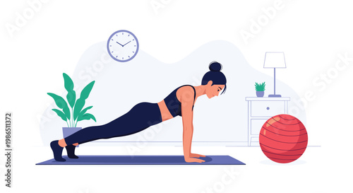 Fit woman performing a core-strengthening plank exercise on a mat in a modern living room with a fitness ball and home decor.