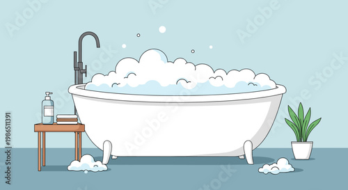 Relaxing white clawfoot bathtub filled with fluffy soap bubbles in a clean bathroom with towels, soap, and a green plant.