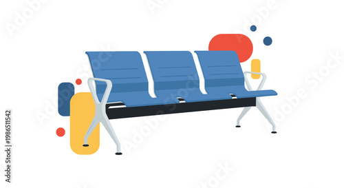 Three blue metal chairs in a waiting area for an airport terminal or station with abstract background shapes.