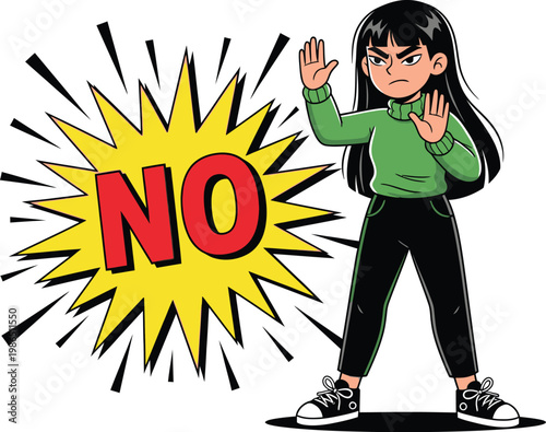 Cartoon girl showing no with hands up aggressively