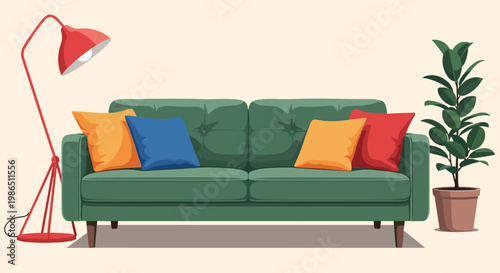 Modern living room interior featuring a green sofa with colorful pillows, a red floor lamp, and a green plant.