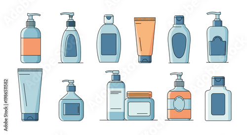 Diverse collection of skin care and cosmetic products in blue and orange bottles, tubes, and jars in flat style.