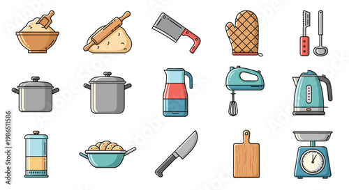 Assortment of colorful kitchen utensils and cooking tools including pots, knives, an electric mixer, and a kettle.