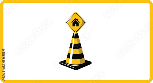 Road cone with a house direction sign on top