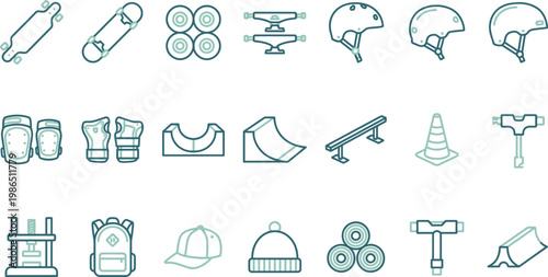 Collection of skateboarding safety gear and equipment icons in green and blue hues