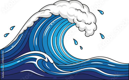 Stylized cartoon ocean wave with foam and water droplets.