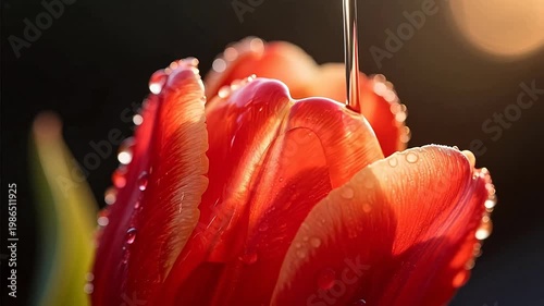 Red tulip with water droplets