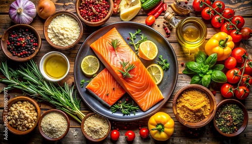 Fresh salmon fillets with herbs, spices, and vegetables on a rustic wooden background