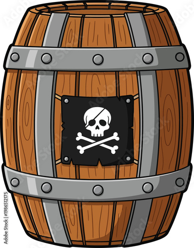 Wooden Pirate Barrel with Skull and Crossbones Icon.
