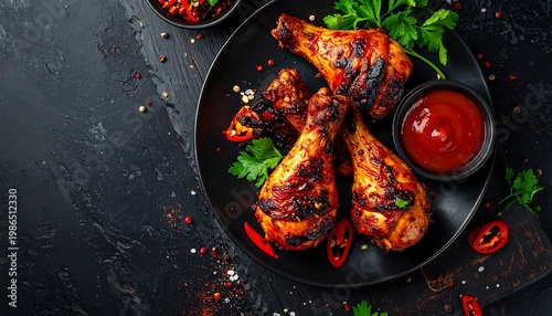 Grilled chicken drumsticks with spicy sauce and fresh herbs on a black plate, top view