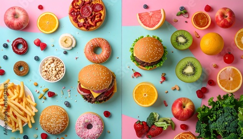 Healthy vs unhealthy food comparison with fruits vegetables and fast food