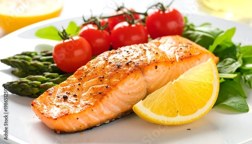 Grilled salmon fillet with asparagus, cherry tomatoes, and lemon wedge on a white plate