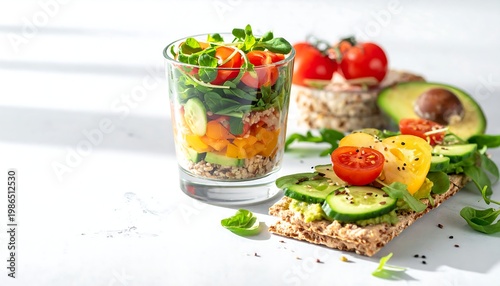 Healthy salad in a glass and crispbread with avocado, cucumber, and tomatoes isolated on white background
