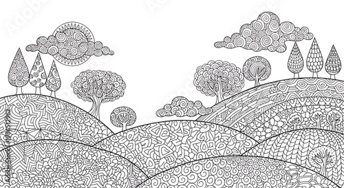 Detailed Hand-Drawn Abstract Nature Scape with Organic Patterns for Creative Coloring
