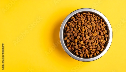 Dry pet food in a metal bowl on a vibrant yellow background, viewed from above