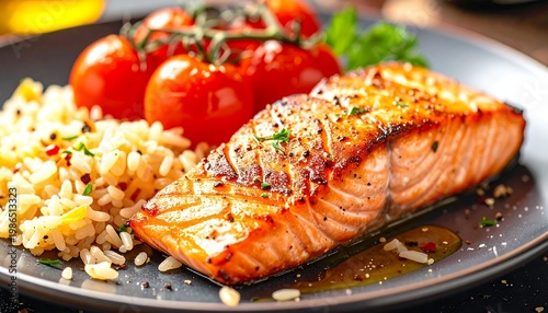 Delicious grilled salmon fillet served with seasoned rice and roasted cherry tomatoes on a dark plate, a healthy and gourmet meal