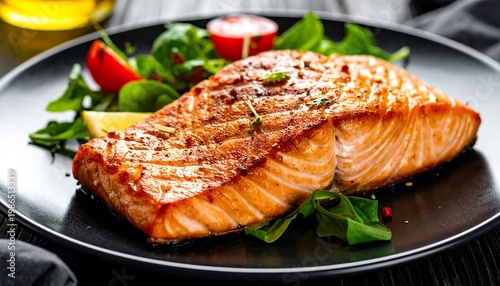 Grilled salmon fillet with fresh salad, lemon, and vegetables on a black plate
