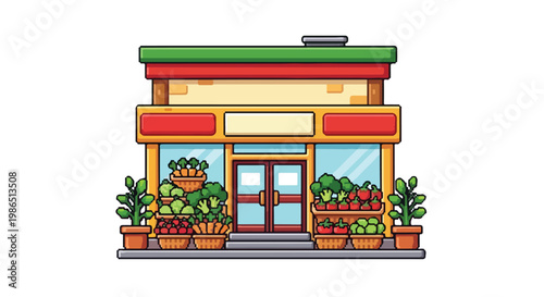 This colorful vector illustration depicts a charming neighborhood grocery store facade with vibrant vegetable displays and a welcoming entrance.