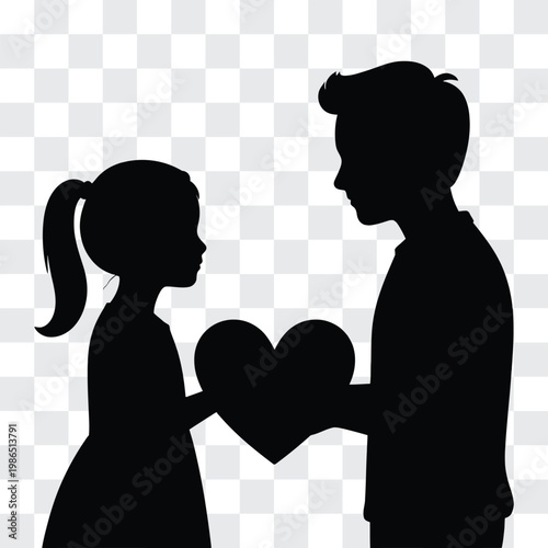 Black silhouette of a man and woman holding a heart on a checkered background