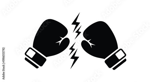 A striking vector illustration of two black boxing gloves colliding with powerful lightning bolts, symbolizing intense competition, rivalry, and a fierce challenge or confrontation graphic design.