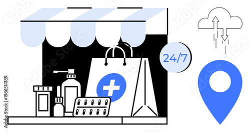 Online pharmacy concept. Online pharmacy offers 247 access to medicine delivery, healthcare services, and nearby store locations. Online pharmacy simplifies health management. For telemedicine