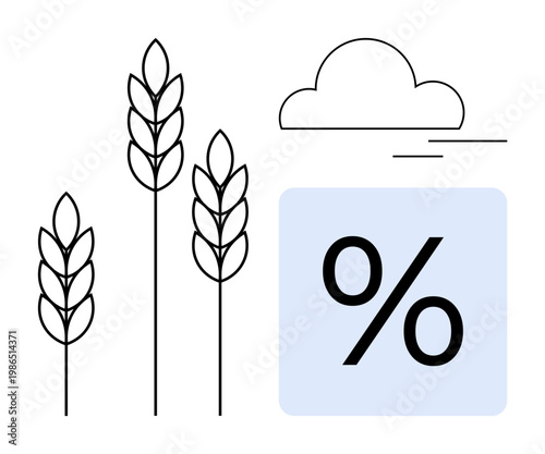 Agriculture, climate impact, crop yield, sustainability, farming efficiency, agroeconomy. Sketch of wheat stalks, cloud percent sign. Agriculture and climate impact concept