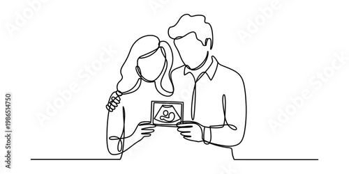 Continuous line drawing of a happy couple holding an ultrasound photo of their baby