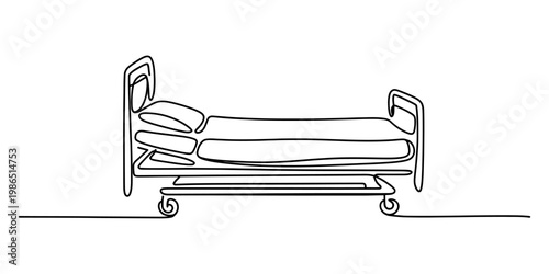 Continuous one line drawing of a hospital bed with pillows and wheels on white background