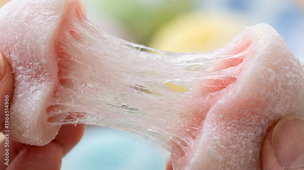 Fototapeta premium Close-up of a person stretching sweet, translucent mochi dough with a unique, gooey texture