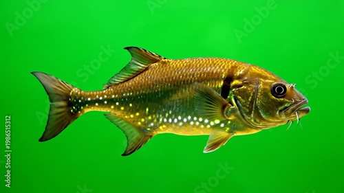 A detailed close-up shot of a golden-brown fish with white spots and barbels, swimming against a vibrant green background.
