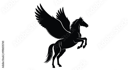 A majestic black silhouette vector illustration of Pegasus rearing gracefully with powerful wings spread wide, symbolizing freedom, mythology, and strength.