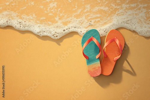 Flip flop sandal beach sand ocean wave summer travel holiday colorful flip flop sandal golden beach sand near gentle ocean wave evoke calm.