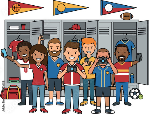 Happy soccer fans posing for photos in a locker room