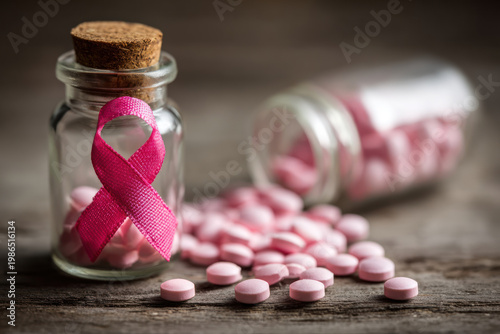 Pink ribbon cancer awareness medicine bottle pink pill healthcare hope treatment support glass jar prevention softly lit pink ribbon glass.