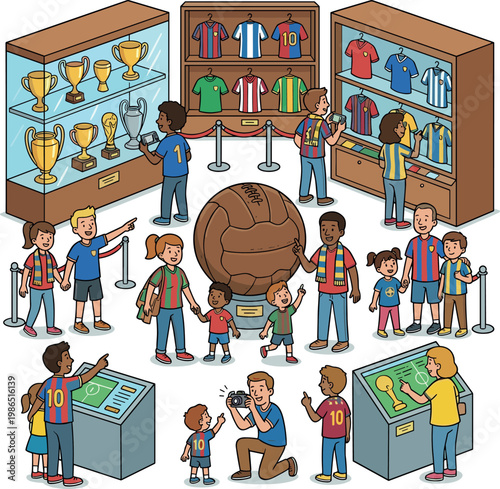 Soccer fans exploring a museum exhibition of football memorabilia
